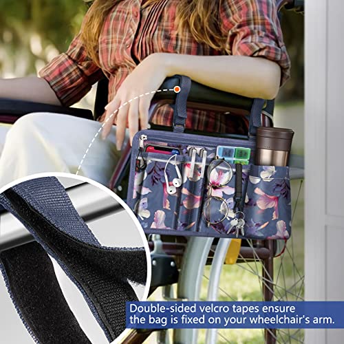 FINPAC Wheelchair Side Storage Bag w/Cup Holder, Wheelchair Armrest Accessories Pouch with Pen Slot and Reflective Strips for Power Wheelchairs, Walkers, Rollators, Seniors (Blooming Hibiscus)