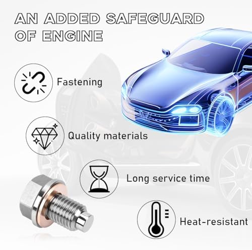 M14×1.5 Magnetic Oil Drain Plug, Aluminum Stainless Steel Sump Drain Nut Bolt with 5 Copper Crush Washer, Universal Leak-proof Replacement Car Accessories for Most Vehicles