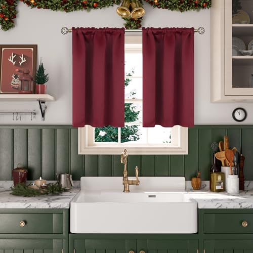 BGment Short Burgundy Blackout Curtains 45 Inches Length - Rod Pocket Thermal Insulated Room Darkening Curtain for Bedroom Kitchen Christmas Decorative, 42 x 45 Inch, 2 Panels