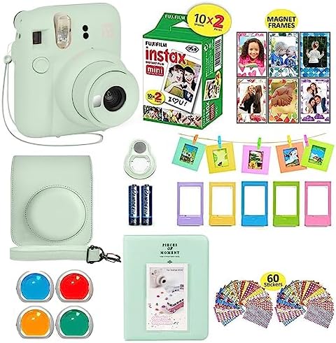 Fujifilm Instax Mini 12 Instant Camera Mint Green + Shutter Compatible Carrying Case + Fuji Film Value Pack (20 Sheets) + Shutter Accessories Bundle, Color Filters, Photo Album, Assorted Frames
