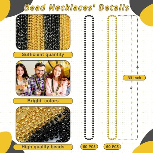 120 PCS Beaded Necklace, 33 IN Mardi Gras Beads, Blackgold Mardi Gras Accessories, Bead Necklace Throw Beads Bulk for Party Parade Event Festival Christmas Pirate Favors Supplies Decor