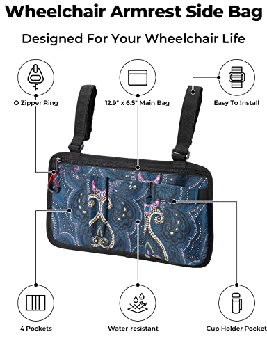 ISSYZONE Wheelchair Side Bag, Walker Pouch Bag with Cup Holder, Wheelchair Armrest Accessories for Walker, Rollator, Electric Scooter Wheelchairs, Ideal Gift for Mother's Day & Father's Day (Blue)