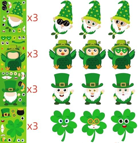 36 Sheets St Patricks Day Stickers, Saint Patricks Make A Face Stickers, Make Your Own St Patricks Day Decorations Accessories for Kids Adults Irish Party Favor Supplies