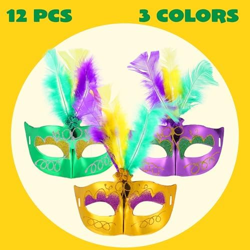 JOYIN 12 Pcs Mardi Gras Feather Masks, Carnival Masquerade Masks Bulk, Mardi Gras Costume Dress Up Accessories for Women, Men & Kids Outfit