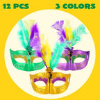 JOYIN 12 Pcs Mardi Gras Feather Masks, Carnival Masquerade Masks Bulk, Mardi Gras Costume Dress Up Accessories for Women, Men & Kids Outfit