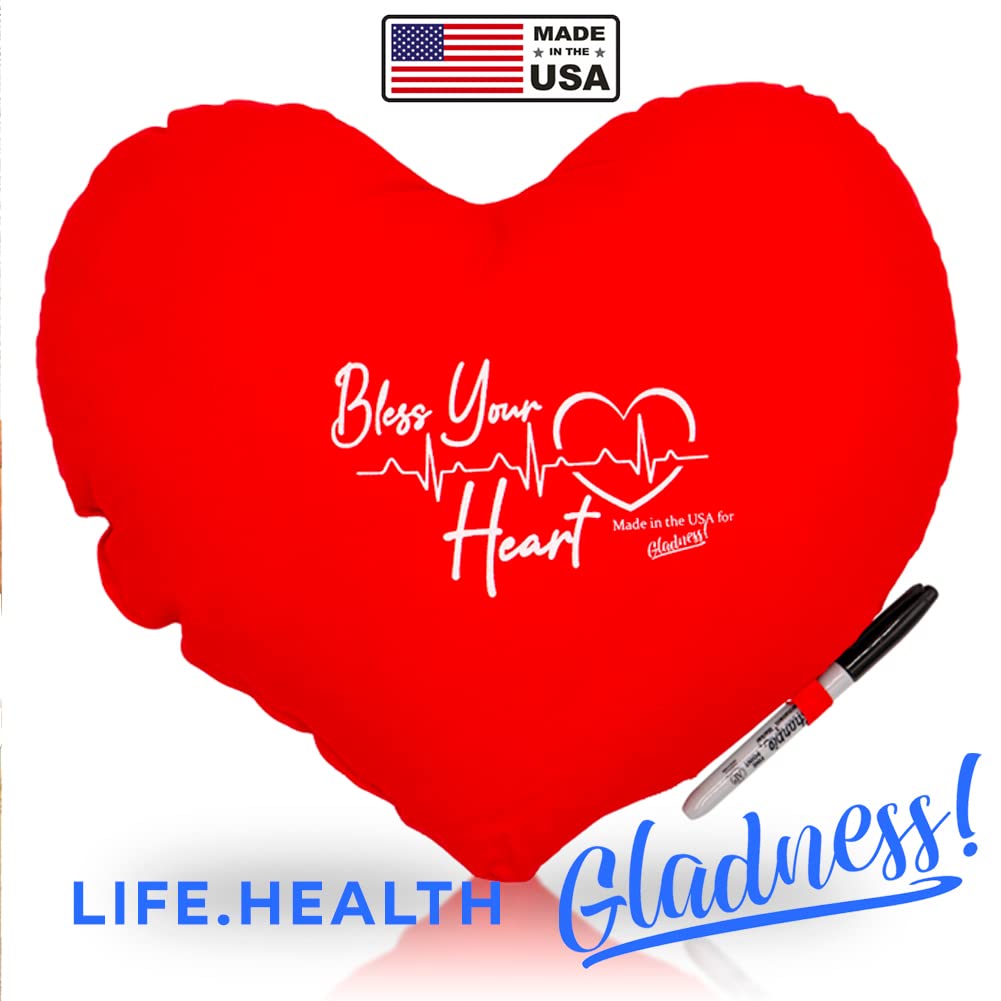 Gladness! Heart Pillow for After Bypass Open Heart Surgery, Mastectomy, Post Surgical Recovery Cough Seat Belt Pillow Bless Your Heart Get Well Soon Cardiac Patient Gift Pillow with Autograph Pen