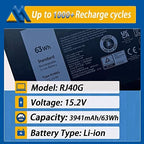 RJ40G 4-Cell 63Wh Laptop Battery Replacement for Dell Latitude 15 5520 Latitude 14 5420 Precision 15 3560 Series M033W 01K2CF 075X16 WY9DX P137G P137G001 P104F P104F001 0WK3F1 0M3KCN 15.2V 3941mAh