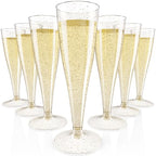 JOLLY CHEF 100 Pack Plastic Champagne Flutes Disposable 4.5 oz Gold Glitter Plastic Champagne Glasses Perfect for Wedding, Thanksgiving Day, Christmas
