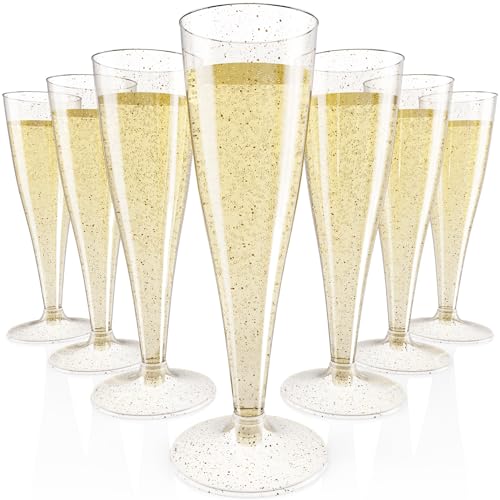 JOLLY CHEF 100 Pack Plastic Champagne Flutes Disposable 4.5 oz Gold Glitter Plastic Champagne Glasses Perfect for Wedding, Thanksgiving Day, Christmas