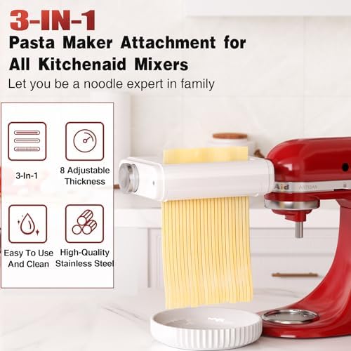 Pasta Maker Attachment 3 in 1 Set for All KitchenAid Stand Mixers Included Pasta Sheet Roller, Spaghetti Cutter, Fettuccine Cutter Maker Accessories and Cleaning Brush