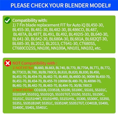 Replacement Parts for Ninja Blender 7 Fins Bottom Blade and 1 Gasket Rubber for Nutri Ninja Auto iQ BL482-30 BL492 BL642-30 NN102 BL687CO-30 BL2013 (Blade Updated)