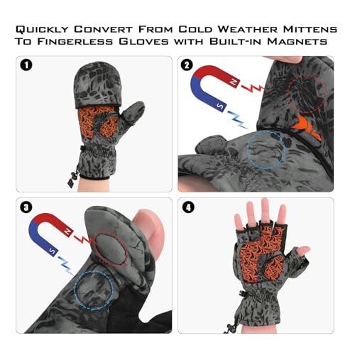 KastKing PolarBlast Ice Fishing Gloves Convertible Mittens – Cold Weather Fishing Mittens and Fingerless Gloves with 3M Thinsulate – Winter Fishing Mittens– Ideal for Ice Fishing, Photography, Small