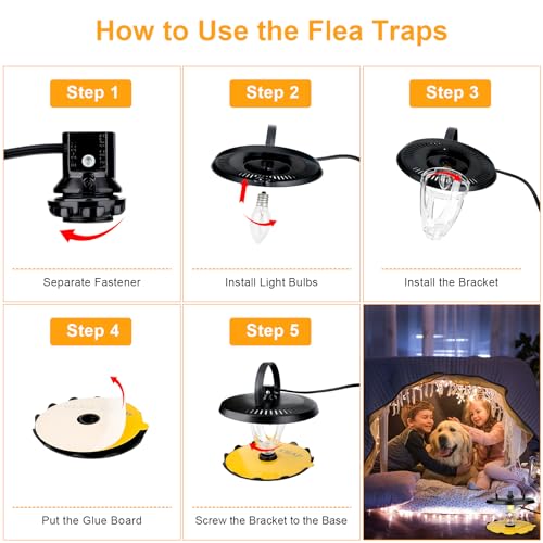 Flea Trap, Sticky Flea Traps for Inside Your Home, Odorless Non-Toxic Natural Flea Killer Trap with 10 Sticky Discs & 4 Bulbs, Pest Control for Home, Safe for Children Pet Dog Cat(2 Pack Black)