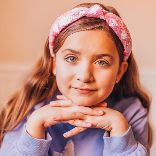 FROG SAC Heart Headband for Girls - Knotted Valentines Day Head Bands for Kids, Top Knot Vday Hair Band for Children, Sparkly Pink Sequin Hair Accessories for Toddlers, Little Girl Fashion Hairband