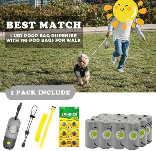 Dog Poop Bags Holder with LED Flashlight|Pet Waste Bags Dispenser for Leash|Doggie Potty Bags Container with Leak-proof Pet Trash Bags and Accessories (1 Holder 195 Bags, Grey and Black)