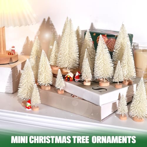 30Pcs Mini Christmas Trees Artificial Christmas Tree Bottle Brush Trees with Wooden Base for Christmas Decor Christmas Party Home Table Craft Decorations(Beige)