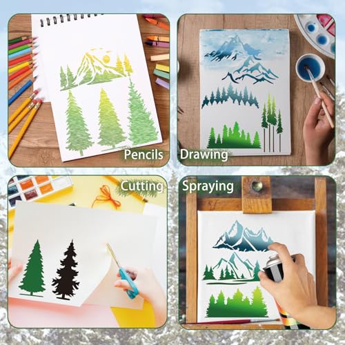 Mountain Stencils for Painting on Wood Burning Patterns Pine Tree Stencils Nature Stencil Christmas Tree Paint Template on Art Craft Canvas Wall Fabric Rock (50 Mountain)
