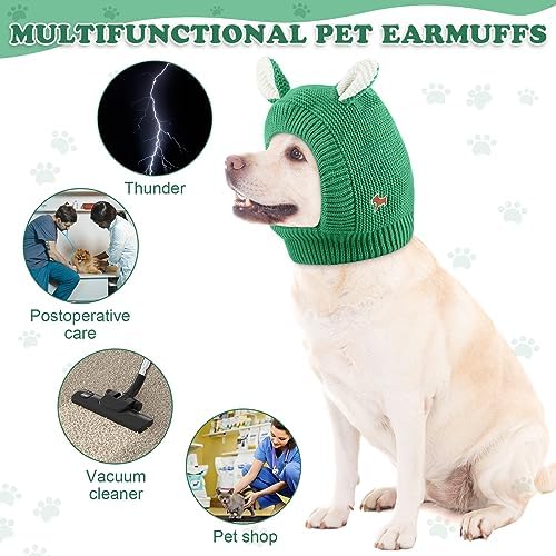 Quiet Ears for Dogs, Dog Ear Muffs Noise Protection Knitted Dog Hats Pet Ears Warm Dog Ear Cover Winter Hat Dog Snood Head Wrap Bunny Costume for Medium to Large Dogs Cats Pets (Green)