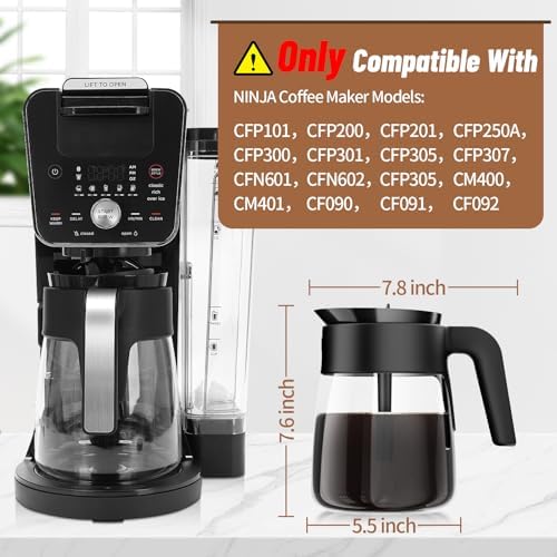 12 Cup Coffee Pot Replacement for Ninja Coffee Maker CFP101 CFP201 CFP301 CFN601 CFP250A CFP300 CFP307, Glass Carafe Replacement with Brew-Through Lid, Ninja Coffee Pot Replacement with Sturdy Handle
