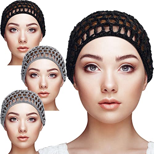 4 Pieces Mesh Crochet Hair Net Rayon Knit Snood Hat Thick Short Women Hairnet Snoods Cover Ornament for Sleeping (Black, Gray)