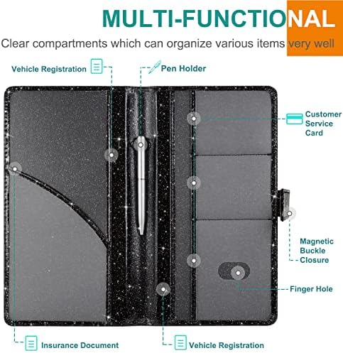 RSAquar unisex Car Registration and Insurance Holder, Vehicle Glove Box Organizer Cool Car Accessories, Car Document Holder for Cards, Driver License and Essential Document, Black Glitter