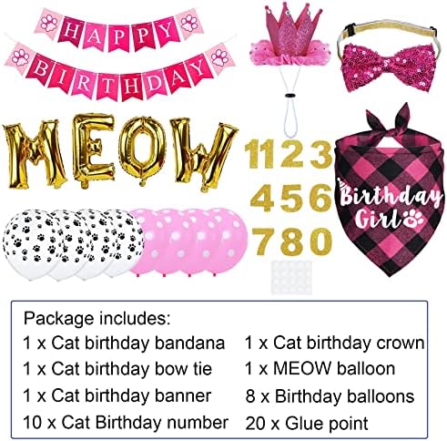 Cat Birthday Party Pack - Outfits, Bandana, Hat, Crown, Bow Tie, Number Banner, Meow & Cat Balloons for Kitten's Special Day