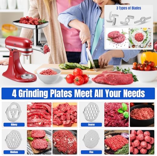 Metal Food Grinder Attachments for KitchenAid Stand Mixers, Meat Grinder, Sausage Stuffer, Perfect Mixer Attachment for KitchenAid Mixers, 15pcs Meat Grinder Accessories Set, Silver