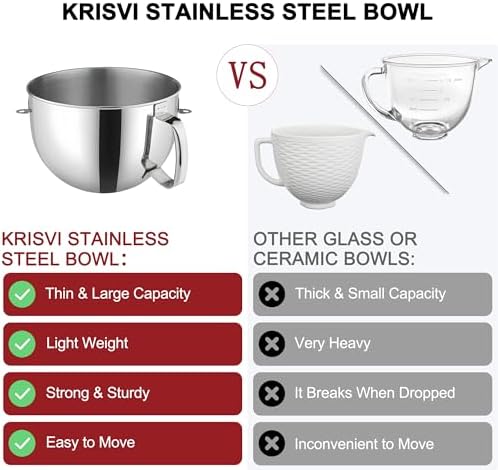 6 QT Stainless Steel Mixer Bowl for KitchenAid Stand Mixers,Strong and Durable Replacement Bowl for KitchenAid with Handle,Dishwasher Safe