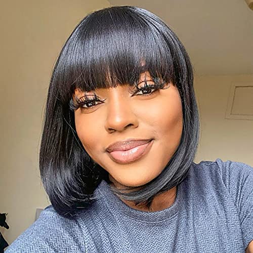 ToyoTress Black Bob Wigs With Bangs - 14 Inch Shoulder Length Light Yaki Straight Hair Daily Costume Wig For Black Women, Synthetic Hair Replacement Wigs Heat Resistant (14 Inch, 1B)