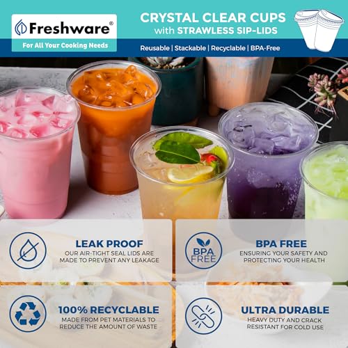 Freshware 16 oz Clear Disposable Plastic Cups with Strawless Sip Lids, 100 Pack Clear Plastic Cups Tumblers, Heavy-duty Party Glasses, Disposable Cups for Thanksgiving, Halloween, Christmas Party