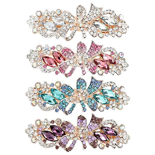 inSowni 4 Pack Luxury Glitter Sparkly Jeweled Gems Korean Decorative Crystal Rhinestone Flower Strong Metal French Barrettes Snap Alligator Hair Clips Headpieces Accessories for Women Girls