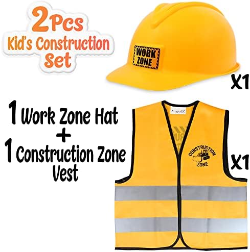 AnapoliZ Kids Construction Vest plus Hat Set | 2 Pcs Kids Construction Worker Vest & Hat Dress Up | Yellow Reflective Vest Construction, plus Yellow Plastic Childrens Hard Hat | Construction Costume