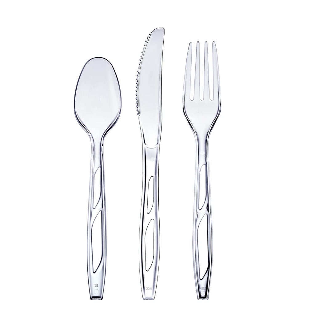 Comfy Package [192 Combo Pack] Premium Heavyweight Disposable Clear Plastic Silverware - 64 Forks, 64 Spoons, 64 Knives, plastic utensils, Cutlery Set for Parties, Events, and Catering