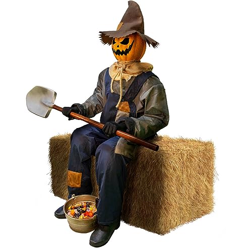 Haunted Hill Farm Motion-Activated Smiling Jack The Shovel-Wielding Sitting Scarecrow by Tekky, Talking Jump-Scare Halloween Animatronic, Plug-in or Battery Operated Halloween Decorations