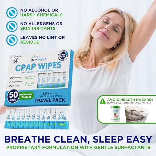 Sleep Mask Wipes - 50 Count Travel Wipes - DuraCleanse Extra Large, Extra Moist Cleaning Wipes for Full Face, Nasal Masks - Unscented Cleaner for Sleep Machine, Supplies and Accessories