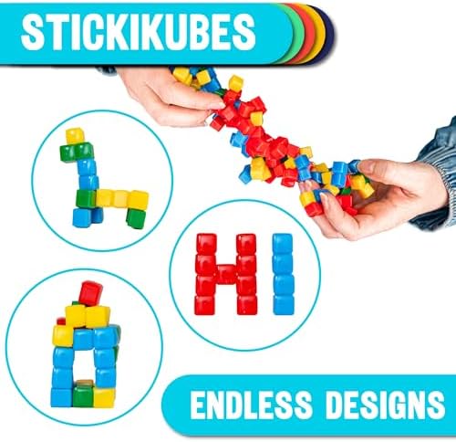 KOMARC GAMES StickiKubes, Mini Stacking Cubes That Stick to Anything, Non Toxic Kid Safe Sticky Blocks, Creative Construction Toy - 36 Cubes, 4 Colors, Display Easel