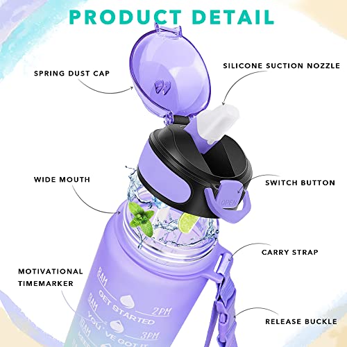 Enerbone 32 oz Water Bottle with Times to Drink and Straw, Motivational Drinking Water Bottles with Carrying Strap, Leakproof BPA & Toxic Free, Ensure You Drink Enough Water for Fitness Gym Outdoor