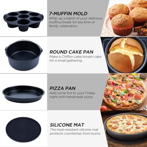 Air Fryer Accessories Set Fit for Gowise Gourmia Cozyna Ninja,Fit All 2.3qt-3.2qt Air Fryer,Kits with Skewers Silicone Mat,Pizza Pan,Cake Barrel,Non-Stick,Dishwasher Safe,Universal,6 Inch 10pcs,Black