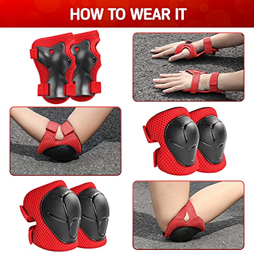 Kids Protective Gear Set Wemfg Knee Pads for Kids 7-13 Years Toddler Knee and Elbow Pads with Wrist Guards 3 in 1 for Skating Cycling Bike Rollerblading Scooter(Red)