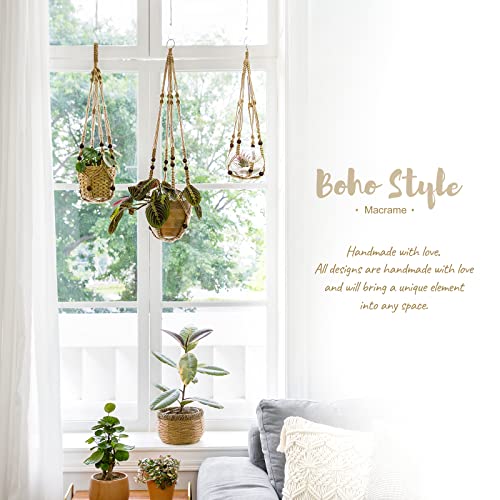 Mkono Macrame Plant Hanger Indoor Jute Hanging Planter Basket with Wood Beads Decorative Flower Pot Holder No Tassels for Boho Home Decor 35 Inch, Brown, Set of 2 (POTS NOT Included)