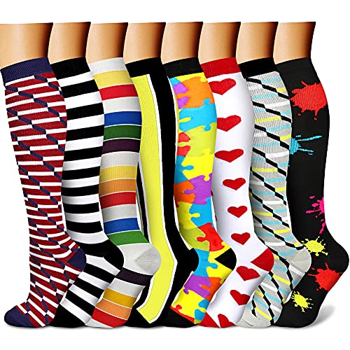 CHARMKING Compression Socks for Women & Men (8 Pairs) 15-20 mmHg Graduated Copper Support Socks are Best for Pregnant, Nurses - Boost Performance, Circulation, Knee High & Wide Calf (S/M, Multi 10)
