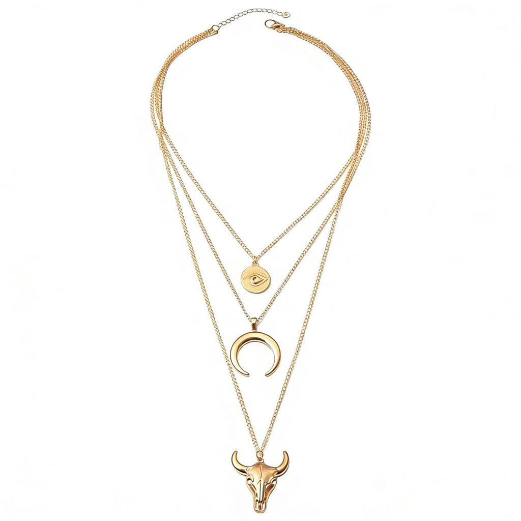 Women's Vintage Western Layered Necklaces Evil Eye Bull Head Crescent Moon Layered Necklace Boho Cowboy Cowgirl Geometric Pendant Chain Necklace Fashion Jewelry Gifts for Women (style2)