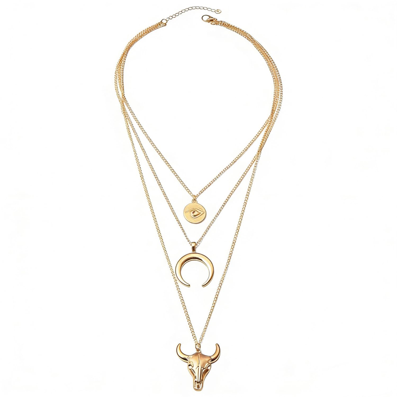 Women's Vintage Western Layered Necklaces Evil Eye Bull Head Crescent Moon Layered Necklace Boho Cowboy Cowgirl Geometric Pendant Chain Necklace Fashion Jewelry Gifts for Women (style2)