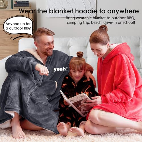 JOYWOO Wearable Blanket Hoodie, Birthday Christmas Gifts for Women Men Mom, Oversized Hooded Blanket for Adult, Cozy Fuzzy Sherpa Sweatshirt Blanket with Giant Pocket Zipper and Winter Gifts, Grey