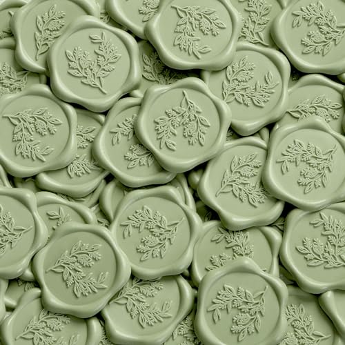 UNIQOOO Wax Seal Stickers - Eucalyptus Wedding Invitation Envelope Seal Stickers, 50 Pcs Self- Adhesive Sage Green Stickers, Perfect for Invitation, Christmas, Gift Wrapping