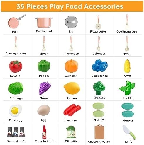 35Pcs Kids Kitchen Toy Accessories, Toddler Pretend Cooking Playset with Play Pots, Pans, Utensils, Cookware, Play Food Set, Toy Vegetables, Learning Gift for Girls, Boys (Pink)