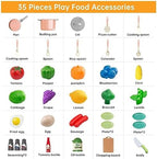 35Pcs Kids Kitchen Toy Accessories, Toddler Pretend Cooking Playset with Play Pots, Pans, Utensils, Cookware, Play Food Set, Toy Vegetables, Learning Gift for Girls, Boys (Pink)