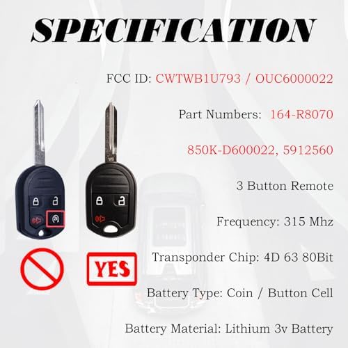 Key Fob Replacement Fits for CWTWB1U793 Ford F-150 2004-2014 F-250 F-350 2004-2016 F-450 Flex 2009-2017 Explorer 2001-2015 Escape Ranger 2001-2011 Fusion Econoline Mercury Keyless Entry Remote Control