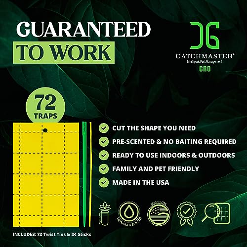 Catchmaster GRO Yellow Sticky Trap 72PK, Adhesive Outdoor Insect Trap, Protect Live Plants Indoor, Bug, & Fruit Fly Trap, Glue Traps for Home, Farm, Garden, Hydroponics, & Greenhouse, Pest Control