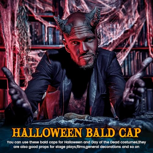 Syhood 2 Pieces Halloween Bald Cap Makeup Latex Bald Head Wig Caps Bald Hat Cosplay Costume for Adults(Dark Brown,Medium)